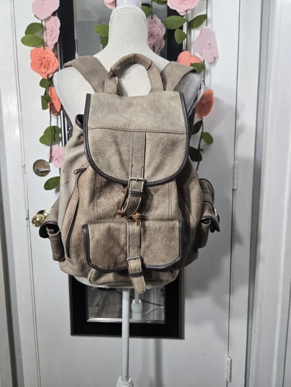 Vintage Light Brown Leather Cowhide Knapsack Backpack For Men